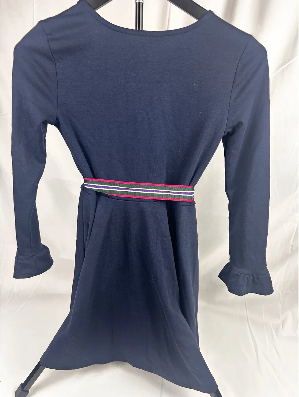 Polo Ralph Lauren Girls Navy Blue Long Sleeve Dress with Striped Waist Tie Size